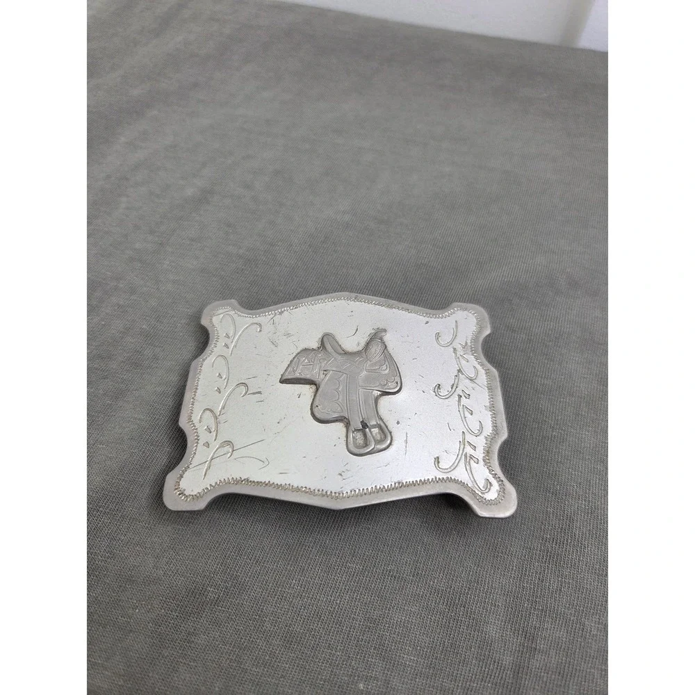 Vintage Nickel Western Saddle Rodeo Cowboy Belt Buckle